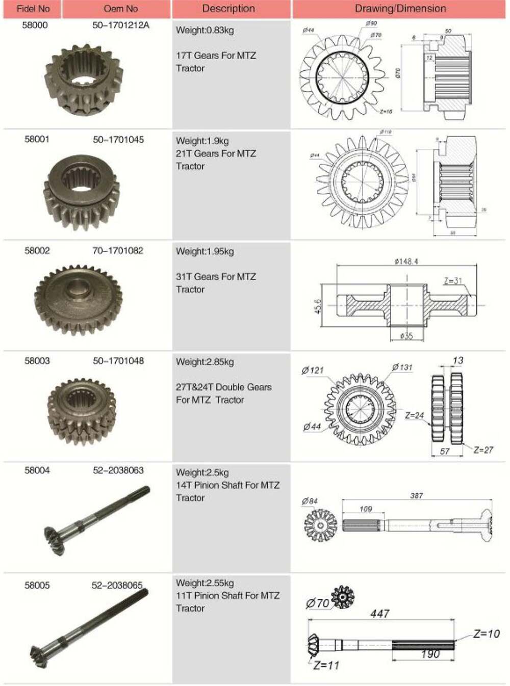 52-2038065 Agricultural Spare Parts 11T Pinion Shaft for Tractor